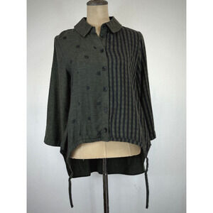 NWT Sassy #13602 Green & Black Striped Woven Button Up Top 3/4 Sleeves #0240